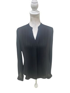 Elli Kai Pleated Black V-Neck Long-Sleeve Blouse lightweight size 4